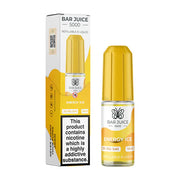 Packaging of Bar Juice 5000 Nic Salt E-Liquid featuring a yellow and white color scheme with a bottle of e-liquid labeled 'Energy Ice'.